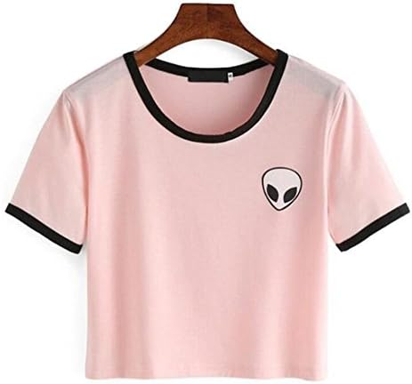 KKWFlus Women Alien Crop Top Juniors Casual Tees Shirt Pink,Asia L = US M