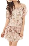 Allegra K Ladies Flower Prints Chiffon Short Sleeve Off Shoulder Mini Dress Green Pink Fuchsia S