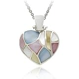 Sterling Silver Genuine Mother of Pearl, Pink, Blue, and Yellow Shell Stone Mosaic Heart Pendant