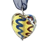 Blue, Orange And Gold Heart Murano Glass Necklace Pendant