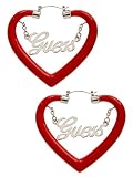 GUESS Sliver and Red Heart Shaped Hoops with G, SILVER