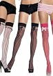Valentine's Day Sheer Thigh High Nylon Stocking with Black Opaque Vertical Stripes and Satin Bow