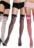 Valentine's Day Sheer Thigh High Nylon Stocking with Black Opaque Vertical Stripes and Satin Bow