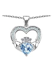 Celtic Love by Kelly (tm) Hands Holding 8mm Crown Heart Claddagh Pendant with Simulated Aquamarine in 925 Sterling Silver
