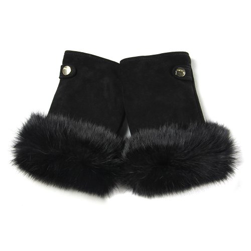 ELMA Women's Suede Leather Fingerless Gloves with Rabbit Fur Trim