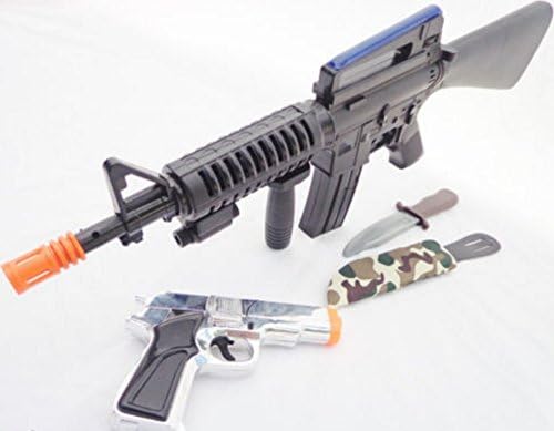 2x Toy Guns HUGE Electronic M-16 Machine Gun Silver 9MM Pistol Cap Gun Toy Knife