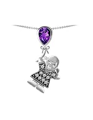 Original Star K (tm) Little Girl Holding a Balloon Mother Birthstone 9x7mm Pear Shape Genuine Amethyst Pendant in 925 Sterling Silver