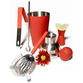Pike Street's five-piece barware set combines the durability of stainless steel with a burst of color for the casual entertainer. This hip mixology set consists of a classic cocktail shaker, a pair of six-inch toothy tongs for handling ice, a cocktail strainer, a 7-inch stirring spoon, and a double jigger. The cocktail shaker and double jigger are coated in bright red thermoplastic rubber in a modern matte finish. The tong and strainer handles feature the same coating and provide slip-resistance when wet. The 20-ounce cocktail shaker makes a nice accompaniment to any home bar. It features a wide opening for easy filling and a built-in strainer on the lid. To preserve the beauty of this Pike Street set, it should be washed by hand.