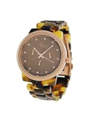 Geneva Womens Designer Inspired Chronograph Style Acrylic Resin Shell Watch and Tortoise and Rose Gold Tone