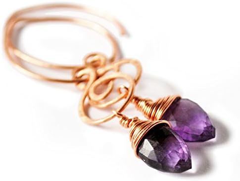 AA Amethyst Faceted Briolette Earrings Wire Wrapped with Swirled Copper Links