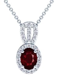 14K White Gold Oval Cut Ruby And Round Diamond Pendant