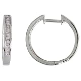 18k White Gold Diamond Huggie Hoop Earrings, w/ 0.16 Carat Baguette Diamonds, 9/16" (14mm)