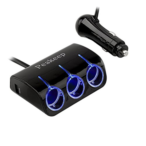Peakeep® Powerful Max 120W/10A 5 Way with 3 Socket Car Splitter Adapter and 2.1A+1A Dual USB Car Charger – Charge 5 Devices at Once at Full Speed for GPS, Dashcam, Radar Detector, iPhone, iPad, Samsung, Kindle, Tablet and More (Black)