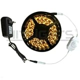 HitLights Warm White LED Strip Light Plug-To-Use Kit, 5M or 16.4Ft, SMD3528, 300 LEDs, With 12 Volt Transformer And Dimmer