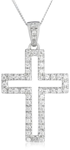 9Ct White Gold Open Cubic Zirconia Cross + Chain (Adjustable) 16-18