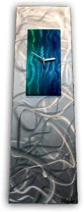 Ultra-Modern Green and Blue Wall Clock 'Green/Blue Reflections' - 30x10 in. - Abstract Home Decor with Green to Aqua Blue Colors Painted Design with Silver Background - Wavy Artistic Grind Pattern - Large Art Deco Wall Clock