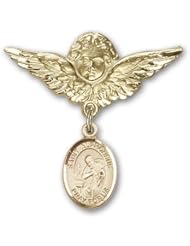 14K Gold Baby Badge with St. Alphonsus Charm and Angel with Wings Badge Pin