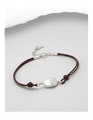 Brown Heart Leather Fresh Water Pearl Bracelet In 92.5 Sterling Silver