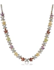 18k Yellow Gold Plated Sterling Silver Multi-Gemstone and Diamond Leaf Necklace, 17"