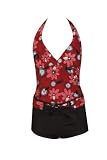 Marina West Women's Boyshorts Swimsuit, Two Piece, Halter Tankini with Boy Shorts, Dark Red Floral with Brown Shorts