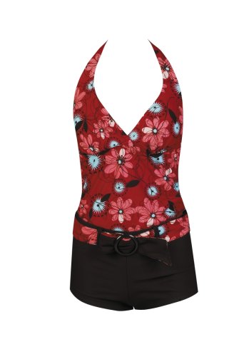 Marina West Women's Boyshorts Swimsuit, Two Piece, Halter Tankini with Boy Shorts, Dark Red Floral with Brown Shorts