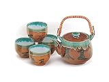 5-pc Japanese Tea Set - Brown & Green with Black Japanese Characters