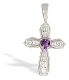 14K White Gold Genuine Heart Amethyst and Diamond Cross Pendant