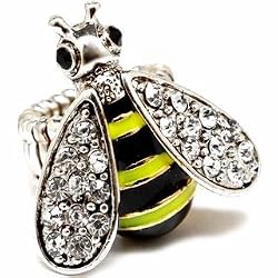 Crystal & Enamel Yellow & Black Stripe Bumble Bee Stretch Ring - Silver Rhodium Plating