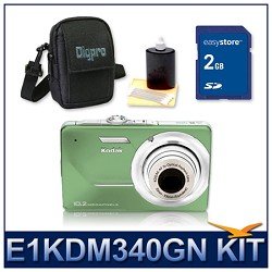 Kodak EasyShare M340 Digital Camera (Green), 10.2 Megapixel, 3x Optical Zoom, 2.7 Inch LCD Display, Ultra-Compact Digital Camera Deluxe Carrying Case, 3pc. Lens Cleaning Kit, 2 GB Memory Card