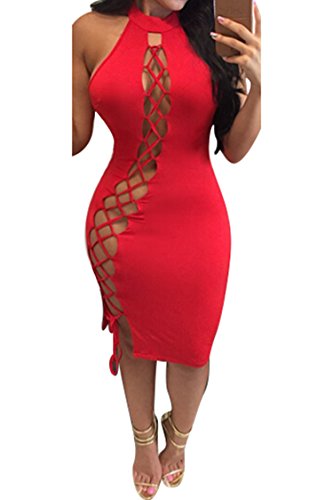 Merry21 Womem's Halter Criss Cross Bandage Hollow Out Cut Out Midi Dress Red XL