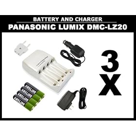 x3 Battery and Charger Kits for Panasonic Lumix DMC-LZ20 Digital Camera Includes 4 Batteries + USA To Europe Adapter (Works In A Car)