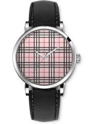 SPRAWL Aanalog Fashion Series Silver Ladies Watches of Genuine Black Leather Strap,Unique Wrist Watch for Women Girls Designed with Pink and brown grille