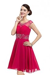 A-line Beaded Illusion Lace Scoop Neck Sweetheart Natural   Waistline Chiffon Cap Sleeves Knee Length Homecoming Dress 