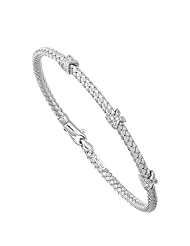 14K White Gold 7.25" 3.40mm Round Tube Basket Weaved Diamond Accent With 0.14Ct Diamond Fancy Bangle With Fancy Lobster Clasp