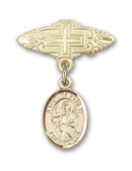 14K Gold Baby Badge with St. Matthew the Apostle Charm and Badge Pin with Cross