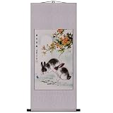 EXP Handmade "Two Rabbits" Scroll Wall Art Painting