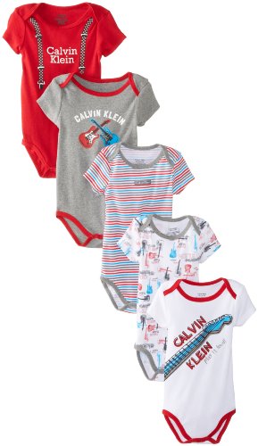 Calvin Klein Baby-Boys Newborn 5 Pack Creepers Red and Gray Group