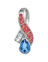 Sterling Silver Breast Cancer Awareness Pink Ribbon Pendant, Pink Synthetic Opal Inlay with 8 X 6 mm Amethyst CZ Center 1 1/16 inch tall,