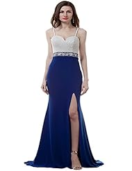 Spaghetti Strap Full Length Beaded Slit Sequined Chiffon Mermaid Evening Dress/Homecoming Dress/Prom Dress 