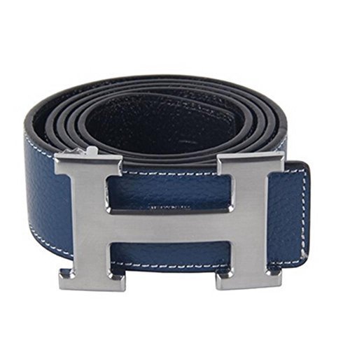 Maikun Synthetic Cowhide Leather Belt Strap (Blue belt and Silver buckle) 115cm