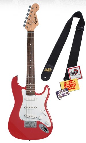 Squier by Fender Mini, Rosewood Fretboard Combo with Levy Nylon Strap, Guitar Strings, Polishing Cloth, and Pick Card - Torino Red