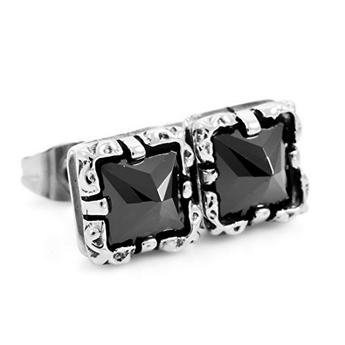 Men's Stainless Steel Stud Earrings Agate Silver Tone Black Square