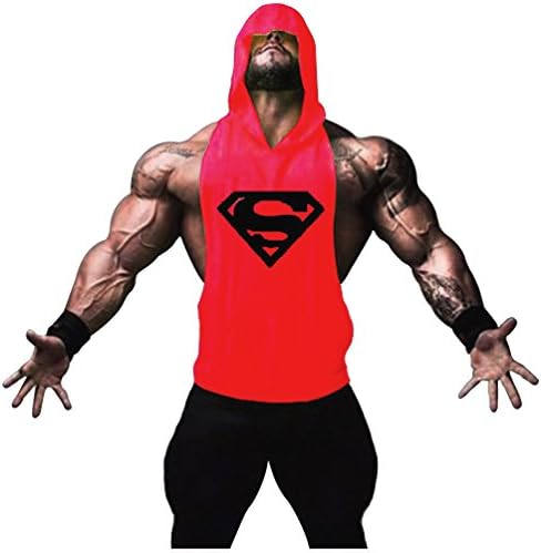 Kingsnower Mens Sleeveless Hoodie Fitness Tank Top Kangaroo Pocket(superman-red-m)