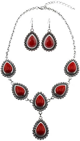Red Stone Teardrop Cabochon Set Link Necklace With Matching Earrings