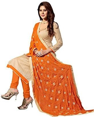 KANCHNAR Women's Ethnic Fancy Plain Unstitched Silk Dress Material With Dupatta Free Size Beige And Orange