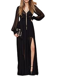 V-neck Floor Length Polyester  Slit Sheer Long Sleeves Tunic  With Ruffles