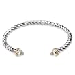 Two-Tone 14k Gold Plated and Sterling Silver Thin Twisted Bangle with Clear Cubic Zirconia Stone Edged Cuff Bracelet