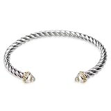 Two-Tone 14k Gold Plated and Sterling Silver Thin Twisted Bangle with Clear Cubic Zirconia Stone Edged Cuff Bracelet