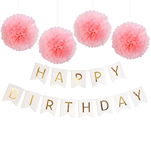 Blulu Happy Birthday Bunting Banner with 4 Pieces Pink Tissue Paper Pom Poms for Birthday Party