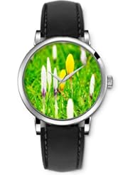 SPRAWL Aanalog Fashion Series Silver Ladies Watches of Genuine Black Leather Strap,Unique Wrist Watch for Women Girls Designed with Flower buds